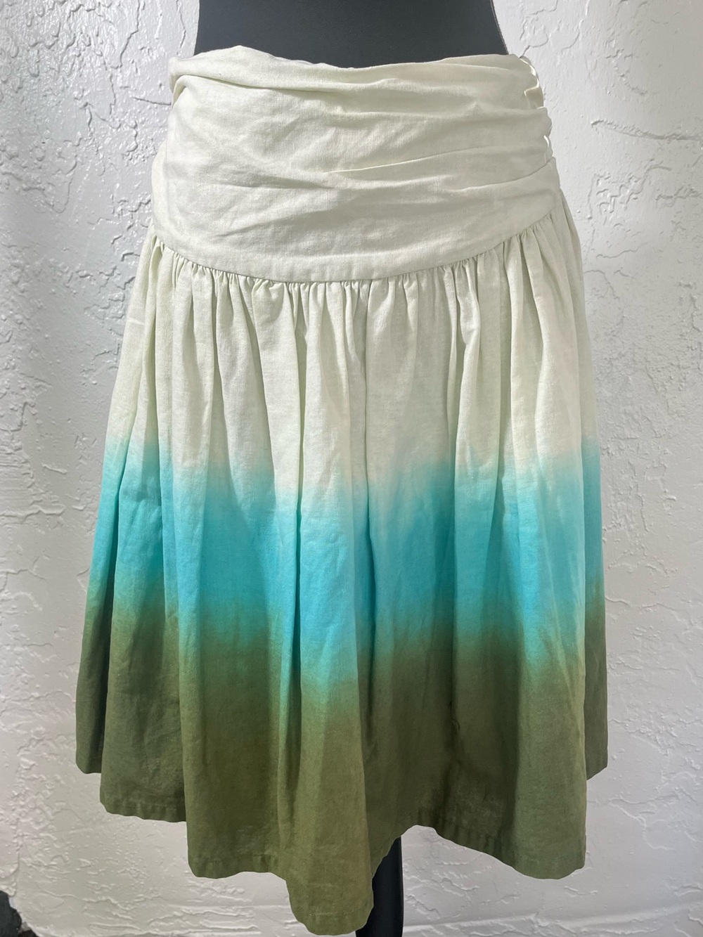 WDNY Ombre Linen Strapless‎ Dress Blue Green Ivory Size 10